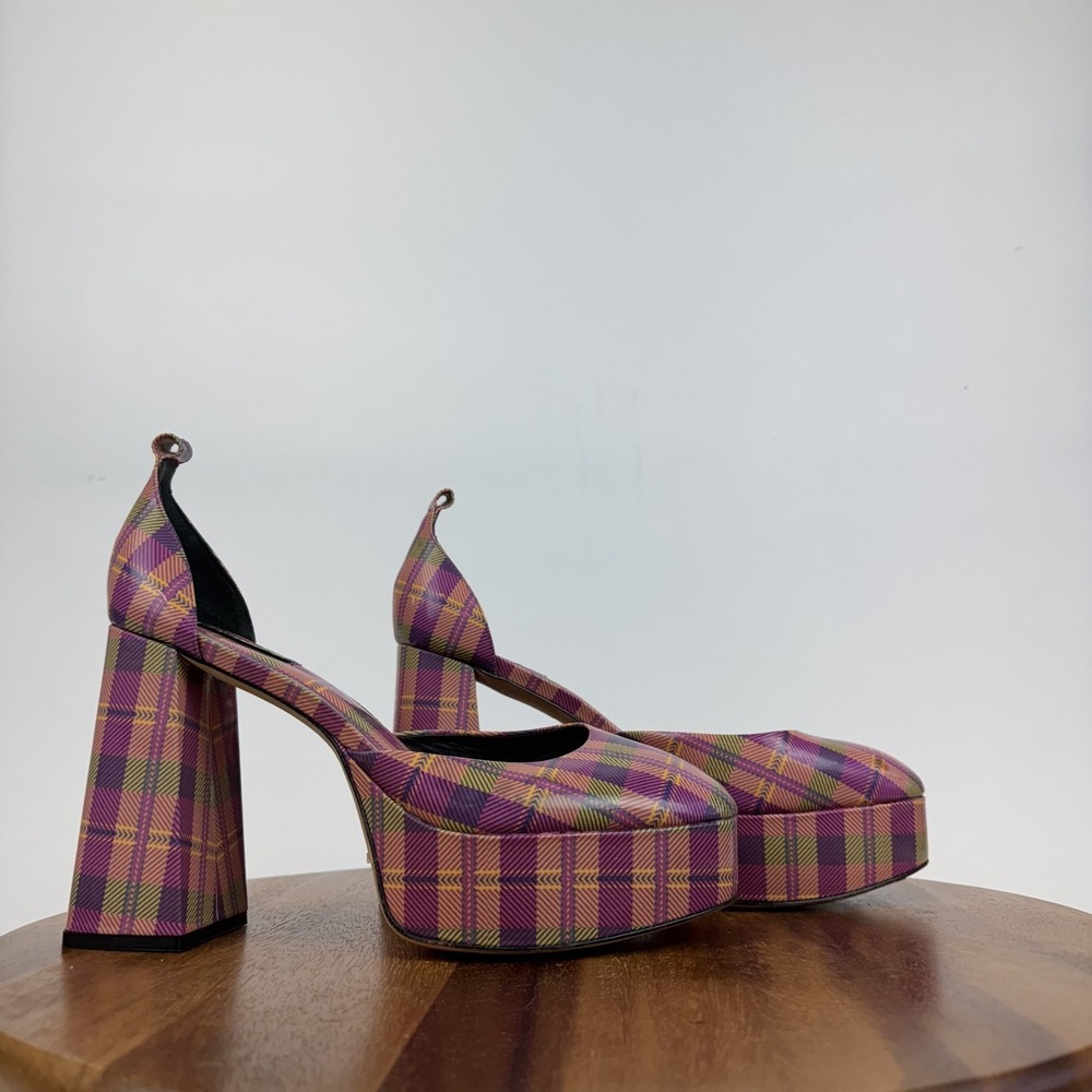 New Womens Larroude Ari Purple Plaid Patent Leather Platfrom Pumps‎ Size 10 NWOB